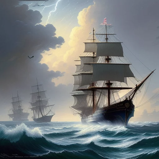 7456162582-painting, science fiction, françois balanger style, high seas, antique sailing ship, storm, storm light, spaceship, birds.webp